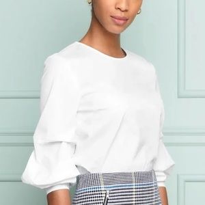J.McLaughlin Clara White Crewneck Ruched Puff Sleeve Blouse
